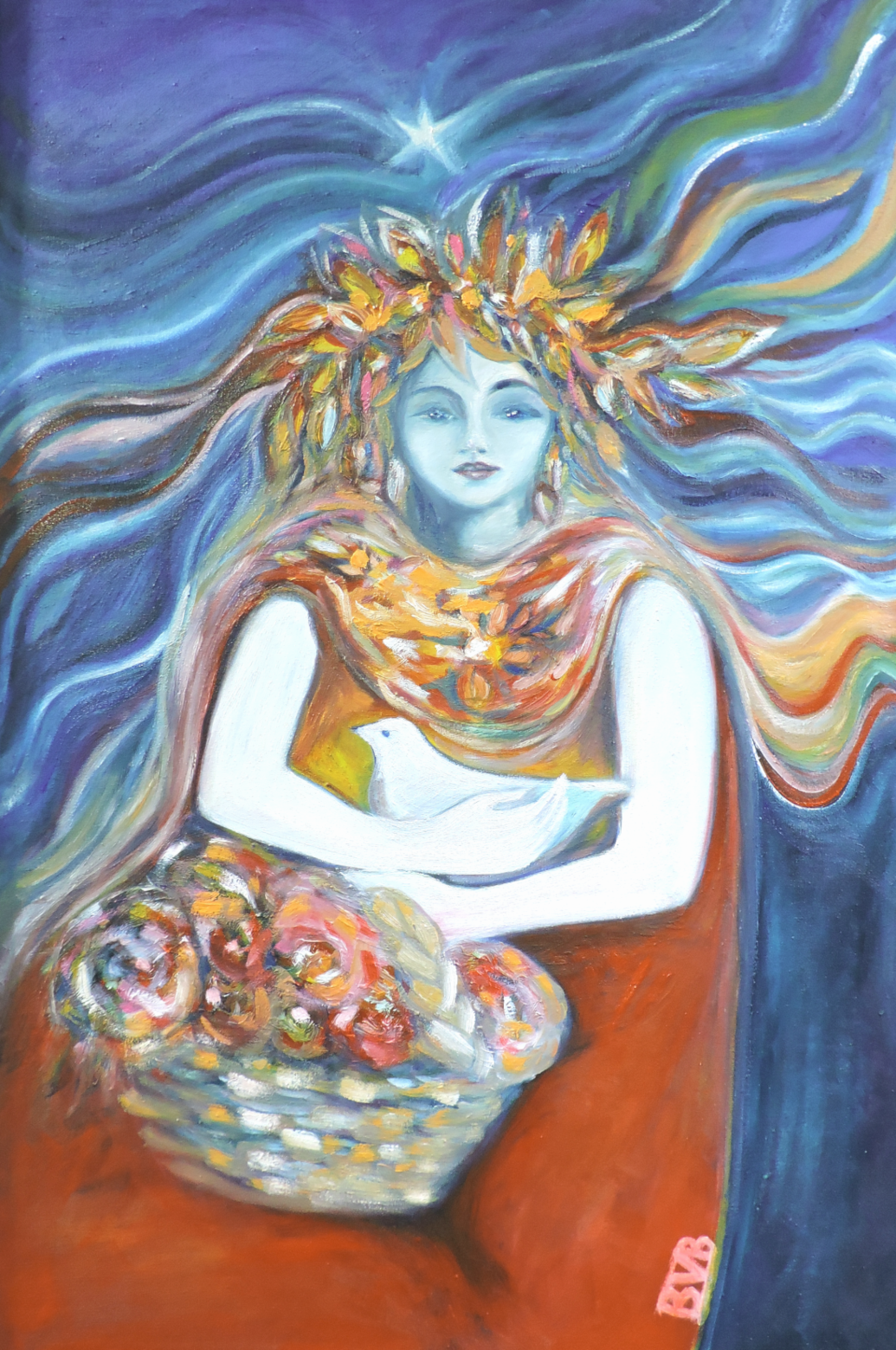 mujer alegoría de la Naturaleza con una paloma de la paz